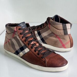 Burberry Brown/Beige Leather And Check Canvas High Top Sneakers Size 45 / US 12